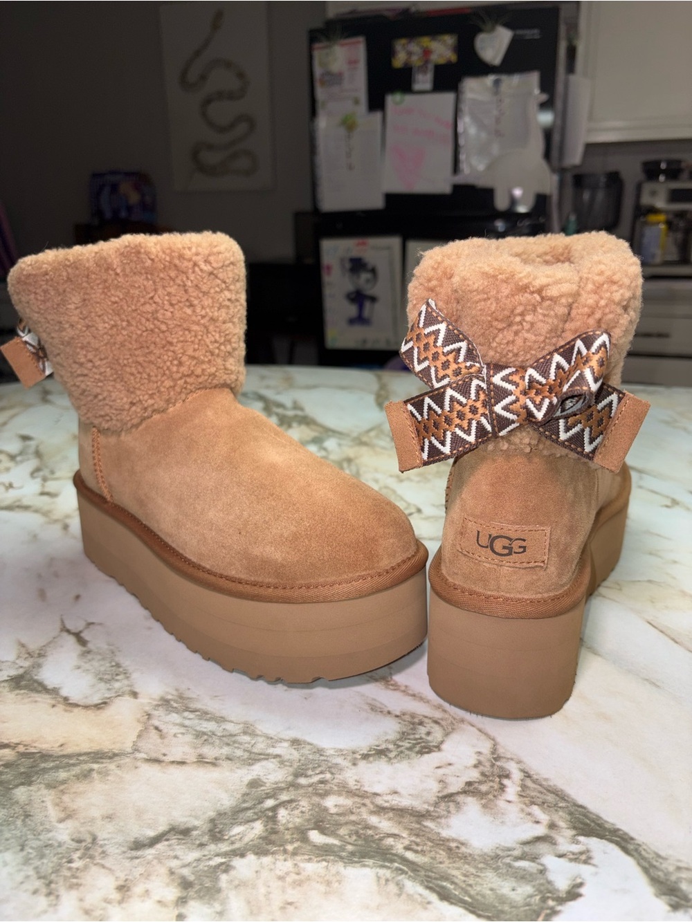 UGG Tan Suede Platform Sherpa Ankle Boots with Patterned Bow